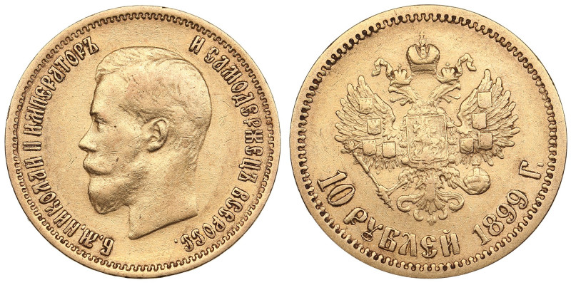 Russia 10 Roubles 1899 ЭБ - Nicholas II (1894-1917)
8.58g. Au 0.900. VF/VF+. Bit...