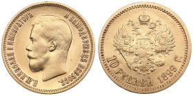 Russia 10 Roubles 1899 ЭБ - Nicholas II (1894-1917)
8.57g. Au 0.900. VF/XF. Bitkin 5; Sidorov 2992. PLEASE NOTE: This lot is subject to a reduced buye...