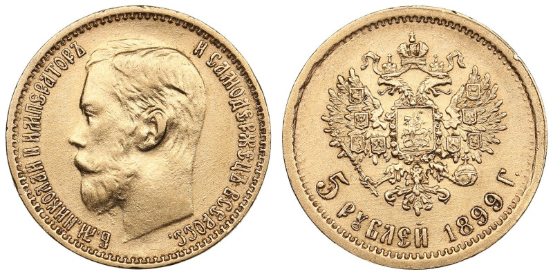 Russia 5 Roubles 1899 ФЗ - Nicholas II (1894-1917)
4.29g. Au 0.900. AU/UNC. Brig...
