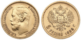 Russia 5 Roubles 1899 ФЗ - Nicholas II (1894-1917)
4.29g. Au 0.900. AU/UNC. Bright mint luster. Bitkin 24; Sidorov 4992. PLEASE NOTE: This lot is subj...