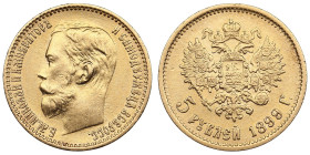Russia 5 Roubles 1899 ФЗ - Nicholas II (1894-1917)
4.29g. Au 0.900. AU/XF. Bitkin 24; Sidorov 4992. PLEASE NOTE: This lot is subject to a reduced buye...