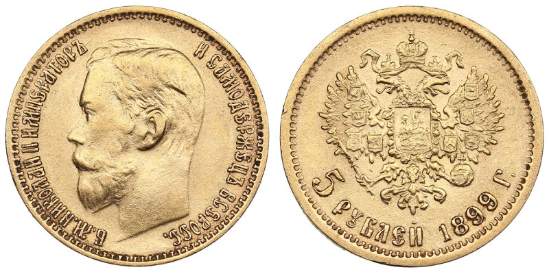 Russia 5 Roubles 1899 ФЗ - Nicholas II (1894-1917)
4.28g. Au 0.900. AU/AU. Attra...
