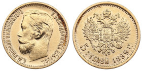 Russia 5 Roubles 1899 ЭБ - Nicholas II (1894-1917)
4.27g. Au 0.900. XF/XF. Quite rare mintmaster's inicials "ЭБ" of issue. Bitkin 23; Sidorov 4991 (R ...