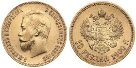 Russia 10 Roubles 1900 ФЗ - Nicholas II (1894-1917)
8.60g. Au 0.900. XF+/AU. Some mint luster. A late type of portrait. Bitkin 7; Sidorov 2003.  PLEAS...
