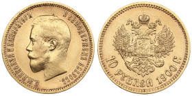 Russia 10 Roubles 1900 ФЗ - Nicholas II (1894-1917)
8.60g. Au 0.900. VF/AU. Some mint luster. An early type of portrait.  Bitkin 7; Sidorov 2002. PLEA...