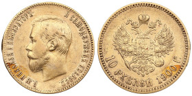 Russia 10 Roubles 1900 ФЗ - Nicholas II (1894-1917)
8.55g. Au 0.900. VF/XF. A late type of portrait. Some mint luster. Bitkin 7; Sidorov 2003. PLEASE ...