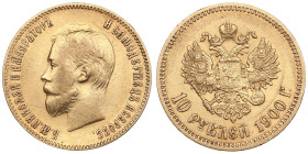 Russia 10 Roubles 1900 ФЗ - Nicholas II (1894-1917)
8.57g. Au 0.900. XF/AU. Some mint luster. A late type of portrait. Bitkin 7; Sidorov 2003. PLEASE ...