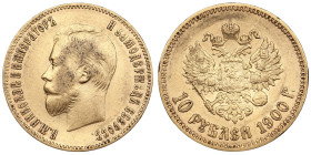 Russia 10 Roubles 1900 ФЗ - Nicholas II (1894-1917)
8.58g. Au 0.900. XF/AU. Some mint luster. A late type of portrait. Bitkin 7; Sidorov 2003. PLEASE ...