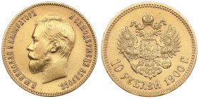 Russia 10 Roubles 1900 ФЗ - Nicholas II (1894-1917)
8.58g. Au 0.900. XF/XF+. A late type of portrait. Bitkin 7; Sidorov 2003. PLEASE NOTE: This lot is...