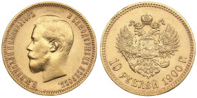 Russia 10 Roubles 1900 ФЗ - Nicholas II (1894-1917)
8.59g. Au 0.900. XF+/UNC. An attractive lustrous specimen. This year is rarely found in good condi...