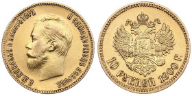 Russia 10 Roubles 1900 ФЗ - Nicholas II (1894-1917)
8.60g. Au 0.900. AU/UNC. Some mint luster with good relief details. A late type of portrait. Bitki...