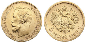 Russia 5 Roubles 1900 ФЗ - Nicholas II (1894-1917)
4.27g. Au 0.900. AU/AU. Transitional type of portrait, reverse is late. Bitkin 26; Sidorov 4003. PL...