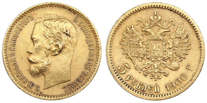 Russia 5 Roubles 1900 ФЗ - Nicholas II (1894-1917)
4.29g. Au 0.900. AU/AU. Bitki...