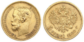 Russia 5 Roubles 1900 ФЗ - Nicholas II (1894-1917)
4.29g. Au 0.900. AU/AU. Bitkin 26; Sidorov 4003. PLEASE NOTE: This lot is subject to a reduced buye...