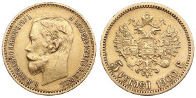 Russia 5 Roubles 1900 ФЗ - Nicholas II (1894-1917)
4.27g. Au 0.900. VF/XF.Transitional type of portrait, reverse is late. Bitkin 26; Sidorov 4003. PLE...