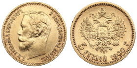 Russia 5 Roubles 1900 ФЗ - Nicholas II (1894-1917)
4.29g. Au 0.900. XF/AU. Transitional type of portrait, reverse is late. Bitkin 26; Sidorov 4003. PL...
