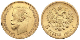 Russia 5 Roubles 1900 ФЗ - Nicholas II (1894-1917)
4.29g. Au 0.900. VF/XF+. Transitional type of portrait, reverse is late. Bitkin 26; Sidorov 4003. P...
