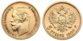 Russia 5 Roubles 1900 ФЗ - Nicholas II (1894-1917)
4.27g. Au 0.900. VF/XF. Bitkin 26; Sidorov 4003. PLEASE NOTE: This lot is subject to a reduced buye...
