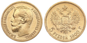 Russia 5 Roubles 1900 ФЗ - Nicholas II (1894-1917)
4.27g. Au 0.900. VF/XF-. "Large head". Hair details smoothed. Bitkin 26; Sidorov 4004 (R1 for UNC)....