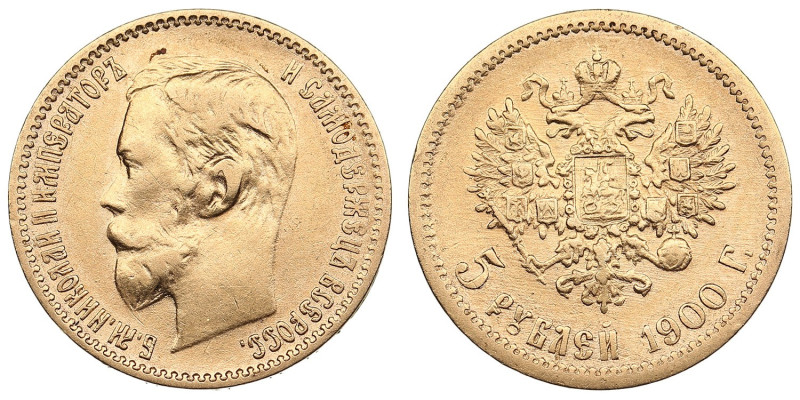 Russia 5 Roubles 1900 ФЗ - Nicholas II (1894-1917)
4.26g. Au 0.900. VF/XF. Bitki...