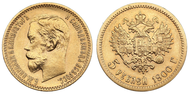 Russia 5 Roubles 1900 ФЗ - Nicholas II (1894-1917)
4.28g. Au 0.900. UNC/AU. An a...
