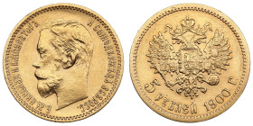 Russia 5 Roubles 1900 ФЗ - Nicholas II (1894-1917)
4.28g. Au 0.900. UNC/AU. An attractive lustrous specimen. Transitional type of portrait, reverse is...