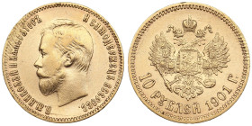 Russia 10 Roubles 1901 AP - Nicholas II (1894-1917)
8.56g. Au 0.900. XF-/AU. Mechanical damage. Late type of reverse. Rare initials of mintmaster’s in...