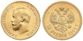 Russia 10 Roubles 1901 ФЗ - Nicholas II (1894-1917)
8.58g. Au 0.900. VF+/XF+. Some mint luster. Bitkin 8; Sidorov 2011. PLEASE NOTE: This lot is subje...