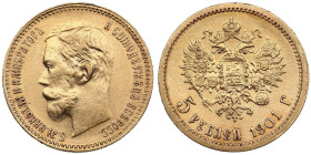 Russia 5 Roubles 1901 ФЗ - Nicholas II (1894-1917)
4.27g. Au 0.900. XF/AU. Some mint luster. Bitkin 27; Sidorov 4011. PLEASE NOTE: This lot is subject...