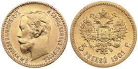 Russia 5 Roubles 1901 ФЗ - Nicholas II (1894-1917)
4.28g. Au 0.900. XF-/AU. Some mint luster. Bitkin 27; Sidorov 4011. 
PLEASE NOTE: This lot is subj...