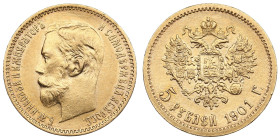 Russia 5 Roubles 1901 ФЗ - Nicholas II (1894-1917)
4.28g. Au 0.900. AU/AU. Some mint luster. Bitkin 27; Sidorov 4011. PLEASE NOTE: This lot is subject...
