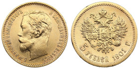 Russia 5 Roubles 1901 ФЗ - Nicholas II (1894-1917)
4.29g. Au 0.900. XF/XF+. Bitkin 27; Sidorov 4011. PLEASE NOTE: This lot is subject to a reduced buy...