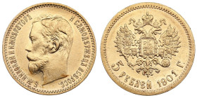 Russia 5 Roubles 1901 ФЗ - Nicholas II (1894-1917)
4.31g. Au 0.900. XF/XF+. Bitkin 27; Sidorov 4011. PLEASE NOTE: This lot is subject to a reduced buy...