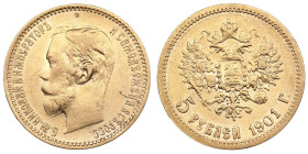 Russia 5 Roubles 1901 ФЗ - Nicholas II (1894-1917)
4.30g. Au 0.900. VF/XF. Bitkin 27; Sidorov 4011. PLEASE NOTE: This lot is subject to a reduced buye...