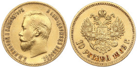 Russia 10 Roubles 1902 AP - Nicholas II (1894-1917)
8.57g. Au 0.900. XF/AU. Mint luster. Bitkin 10; Sidorov 2021. PLEASE NOTE: This lot is subject to ...