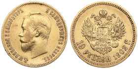 Russia 10 Roubles 1902 AP - Nicholas II (1894-1917)
8.57g. Au 0.900. XF+/AU. Mint luster. Bitkin 10; Sidorov 2021. PLEASE NOTE: This lot is subject to...