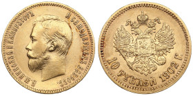 Russia 10 Roubles 1902 AP - Nicholas II (1894-1917)
8.60g. Au 0.900. XF+/AU. Mint luster. Bitkin 10; Sidorov 2021. PLEASE NOTE: This lot is subject to...