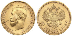 Russia 10 Roubles 1902 AP - Nicholas II (1894-1917)
8.59g. Au 0.900. XF+/UNC. Good relief details. Bitkin 10; Sidorov 2021. PLEASE NOTE: This lot is s...