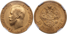 Russia 10 Roubles 1902 AP - Nicholas II (1894-1917) - NGC AU 58
Standard weight - 8.6g. Au 0.900. An attractive specimen with mint luster and good rel...