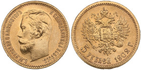 Russia 5 Roubles 1902 AP - Nicholas II (1894-1917)
4.31g. Au 0.900. UNC/UNC. Splendid brilliant exemplar. Bitkin 29; Sidorov 4021. PLEASE NOTE: This l...