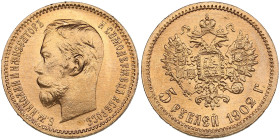 Russia 5 Roubles 1902 AP - Nicholas II (1894-1917)
4.31g. Au 0.900. UNC/UNC. Splendid luminous specimen. Bitkin 29; Sidorov 4021. PLEASE NOTE: This lo...