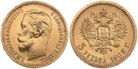 Russia 5 Roubles 1902 AP - Nicholas II (1894-1917)
4.31g. Au 0.900. UNC/UNC. Bright mint luster. Bitkin 29; Sidorov 4021. PLEASE NOTE: This lot is sub...