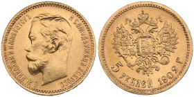 Russia 5 Roubles 1902 AP - Nicholas II (1894-1917)
4.30g. Au 0.900. UNC/UNC. Bright mint luster. Bitkin 29; Sidorov 4021. PLEASE NOTE: This lot is sub...