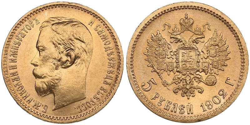 Russia 5 Roubles 1902 AP - Nicholas II (1894-1917)
4.29g. Au 0.900. UNC/UNC. Bri...