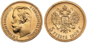 Russia 5 Roubles 1902 AP - Nicholas II (1894-1917)
4.30g. Au 0.900. UNC/UNC. Gorgeous lustrous specimen with light toning. Bitkin 29; Sidorov 4021. PL...