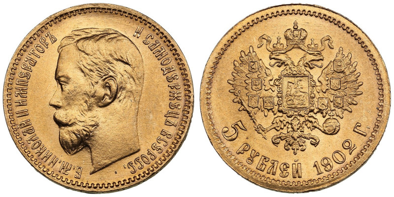 Russia 5 Roubles 1902 AP - Nicholas II (1894-1917)
4.31g. Au 0.900. UNC/UNC. Spl...
