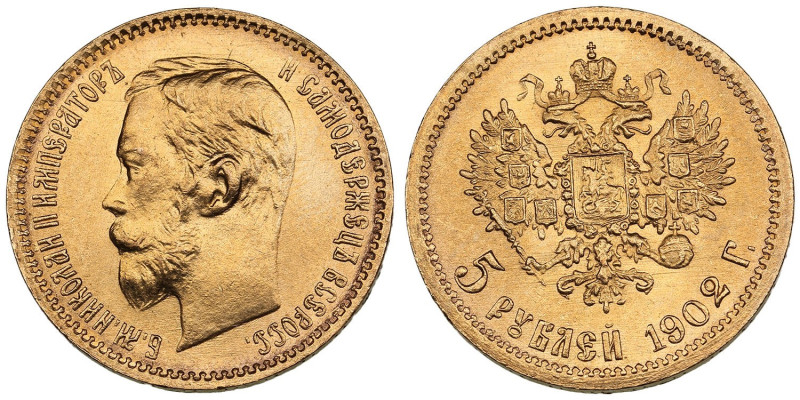 Russia 5 Roubles 1902 AP - Nicholas II (1894-1917)
4.29g. Au 0.900. UNC/UNC. Cha...