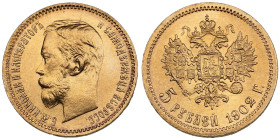 Russia 5 Roubles 1902 AP - Nicholas II (1894-1917)
4.29g. Au 0.900. UNC/UNC. Charming lustrous exemplar. Bitkin 29; Sidorov 4021. PLEASE NOTE: This lo...