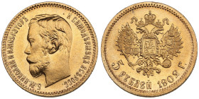 Russia 5 Roubles 1902 AP - Nicholas II (1894-1917)
4.29g. Au 0.900. UNC/UNC. Charming brilliant exemplar. Bitkin 29; Sidorov 4021. PLEASE NOTE: This l...