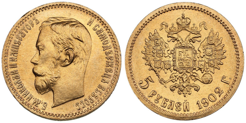Russia 5 Roubles 1902 AP - Nicholas II (1894-1917)
4.29g. Au 0.900. UNC/UNC. Bea...